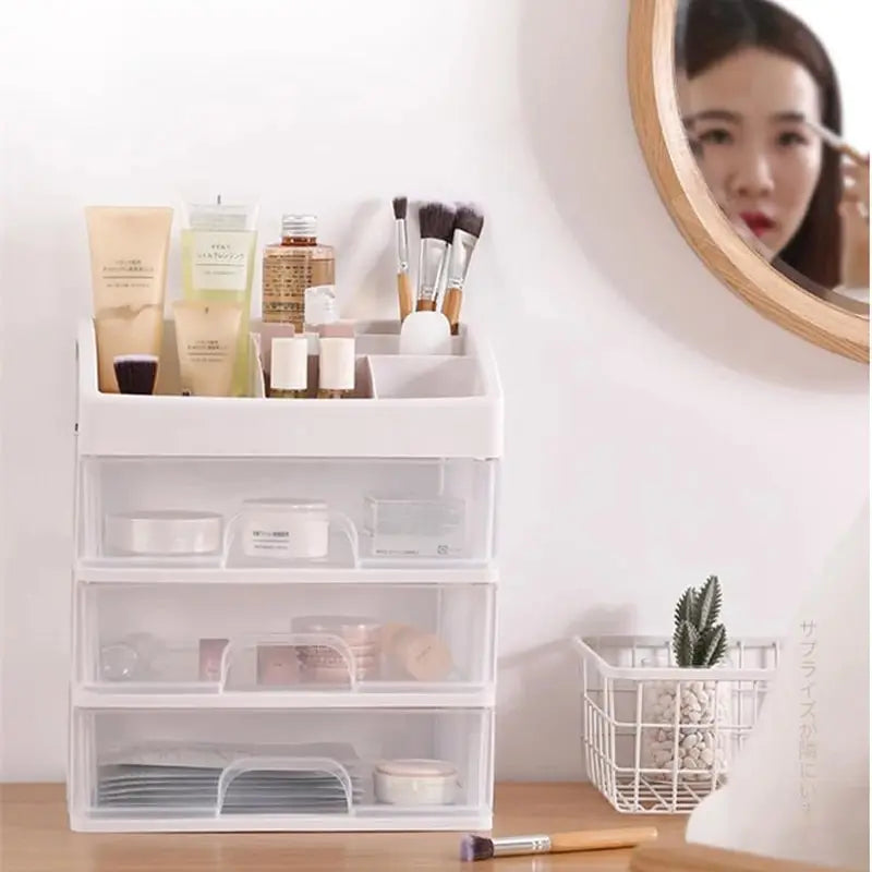 Transparent Plastic Four-Layer Three-Drawer Cosmetic Storage Box for Dressing Tables