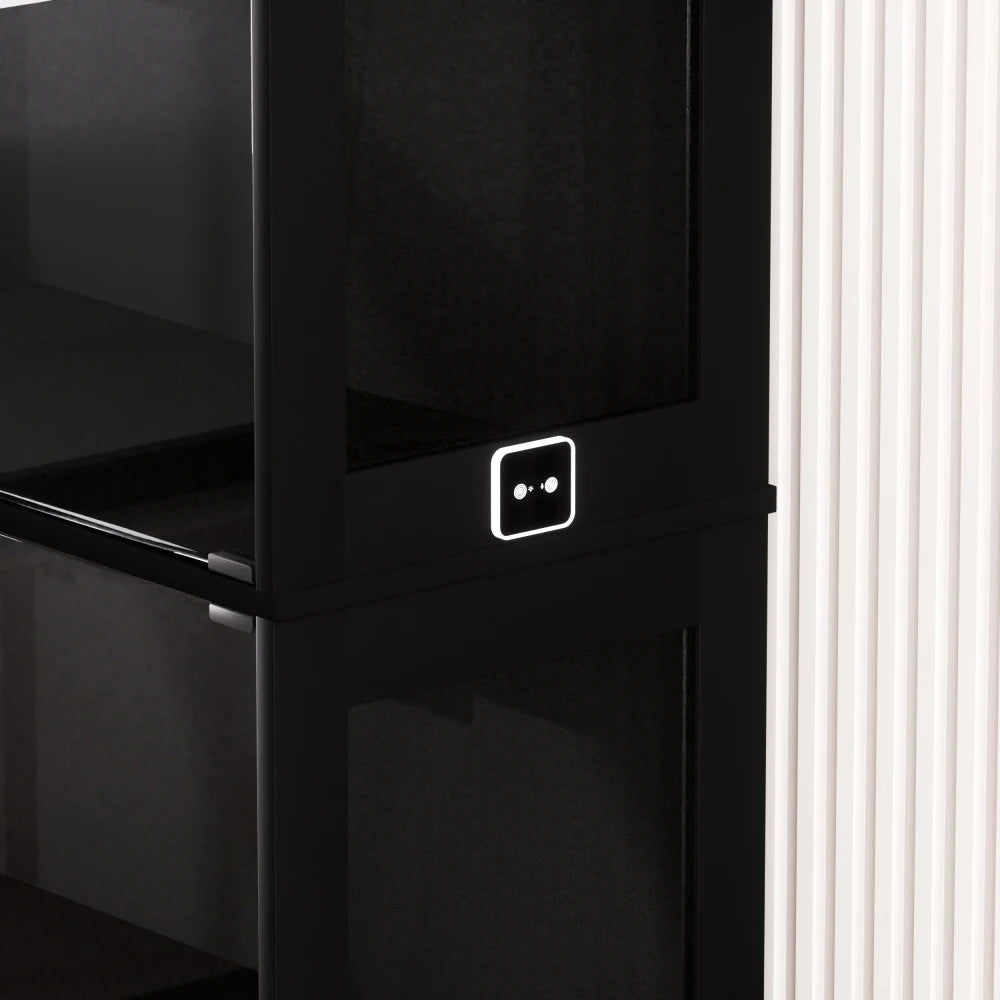 Modern Black 4-Tier Display Cabinet with LED Lighting, Glass Doors and Lockable Storage
