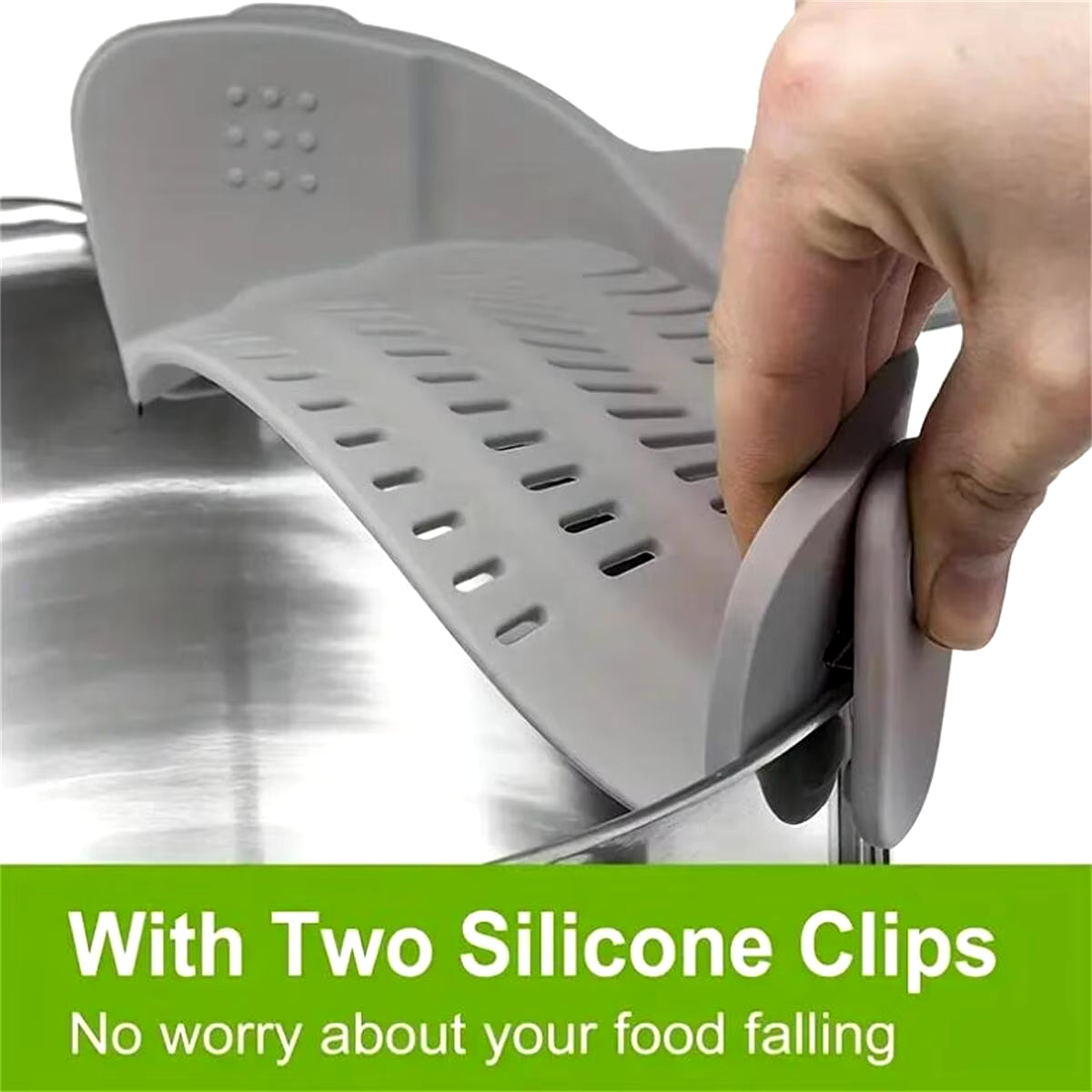 Adjustable Silicone Clip-On Strainer for Pots, Pans, and Bowls - Handheld Drainer for Noodles and Pasta