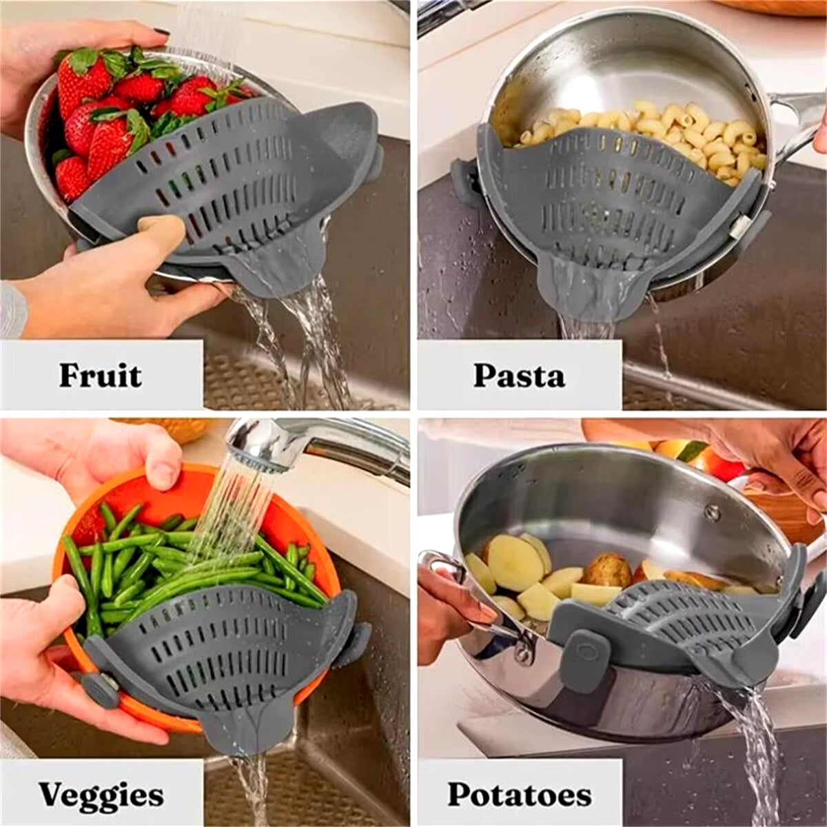 Adjustable Silicone Clip-On Strainer for Pots, Pans, and Bowls - Handheld Drainer for Noodles and Pasta