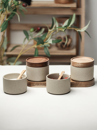 3 Piece Ceramic Seasoning Pot Set with Acacia Wood Tray and Lids for Kitchen Spice Storage