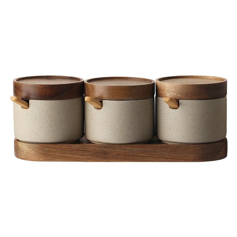 3 Piece Ceramic Seasoning Pot Set with Acacia Wood Tray and Lids for Kitchen Spice Storage