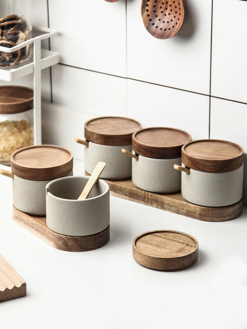 3 Piece Ceramic Seasoning Pot Set with Acacia Wood Tray and Lids for Kitchen Spice Storage