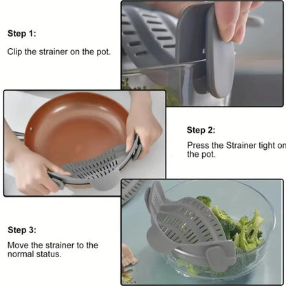 Adjustable Silicone Clip-On Strainer for Pots, Pans, and Bowls - Handheld Drainer for Noodles and Pasta