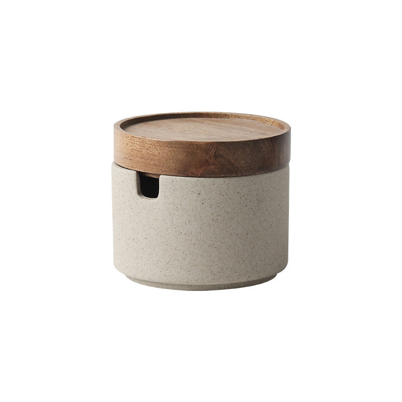 3 Piece Ceramic Seasoning Pot Set with Acacia Wood Tray and Lids for Kitchen Spice Storage