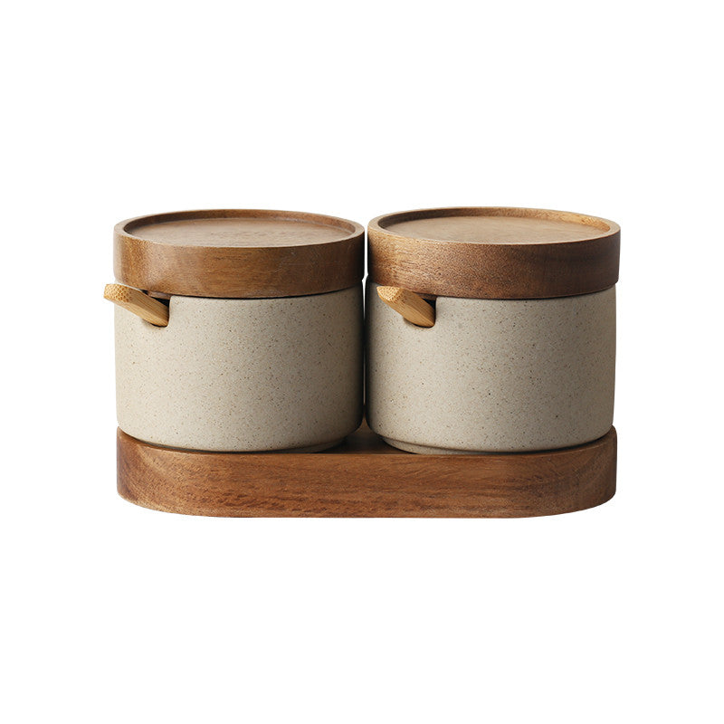 3 Piece Ceramic Seasoning Pot Set with Acacia Wood Tray and Lids for Kitchen Spice Storage