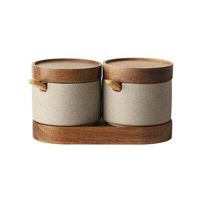 3 Piece Ceramic Seasoning Pot Set with Acacia Wood Tray and Lids for Kitchen Spice Storage