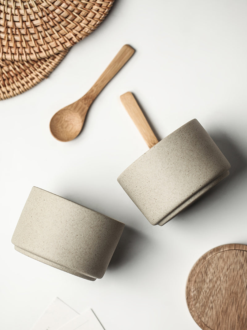 3 Piece Ceramic Seasoning Pot Set with Acacia Wood Tray and Lids for Kitchen Spice Storage