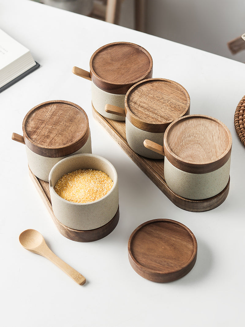 3 Piece Ceramic Seasoning Pot Set with Acacia Wood Tray and Lids for Kitchen Spice Storage