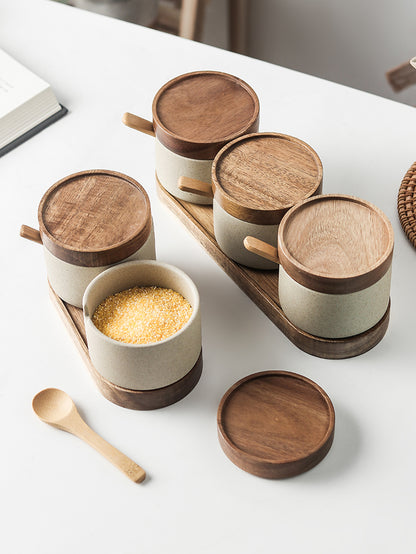 3 Piece Ceramic Seasoning Pot Set with Acacia Wood Tray and Lids for Kitchen Spice Storage