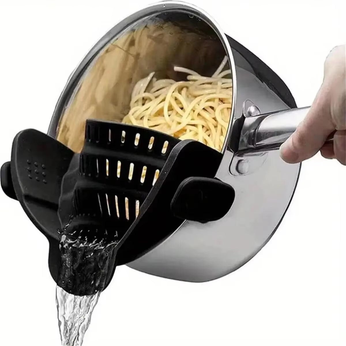 Adjustable Silicone Clip-On Strainer for Pots, Pans, and Bowls - Handheld Drainer for Noodles and Pasta