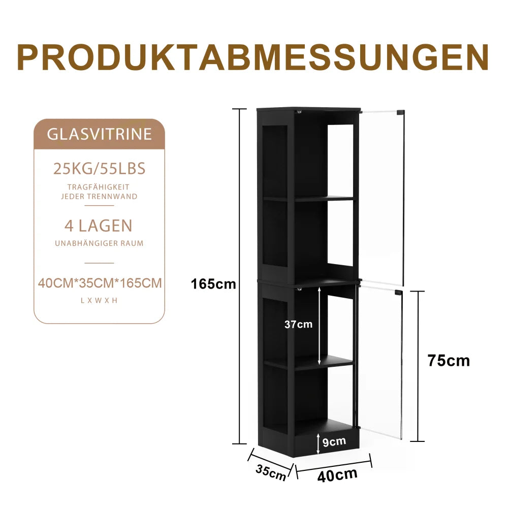 Modern Black 4-Tier Display Cabinet with LED Lighting, Glass Doors and Lockable Storage