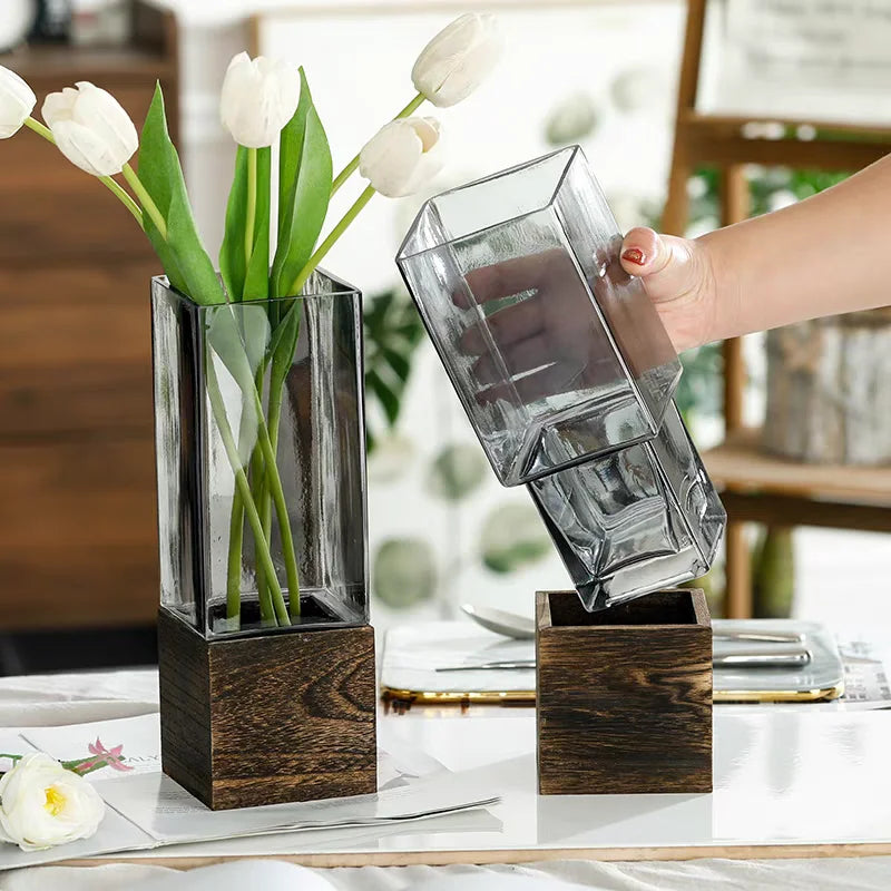 Rustic Wood and Glass Combined Luxury Vase with Wooden Base