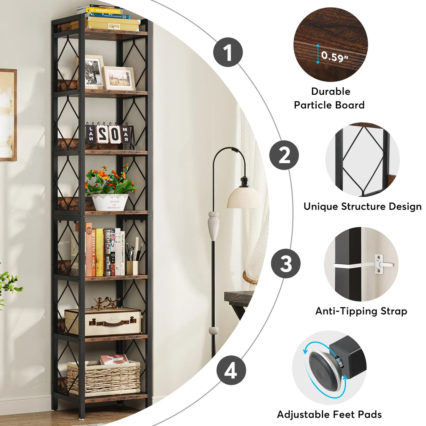 Tall Narrow 7 Tier Bookshelf Rustic Style Vertical Shelf