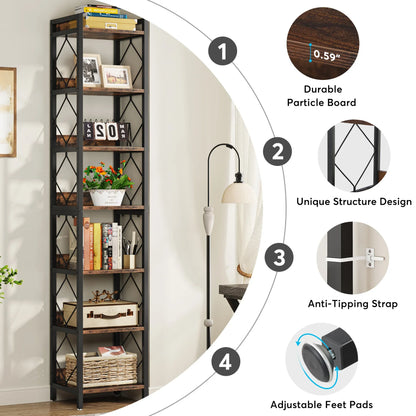 Tall Narrow 7 Tier Bookshelf Rustic Style Vertical Shelf
