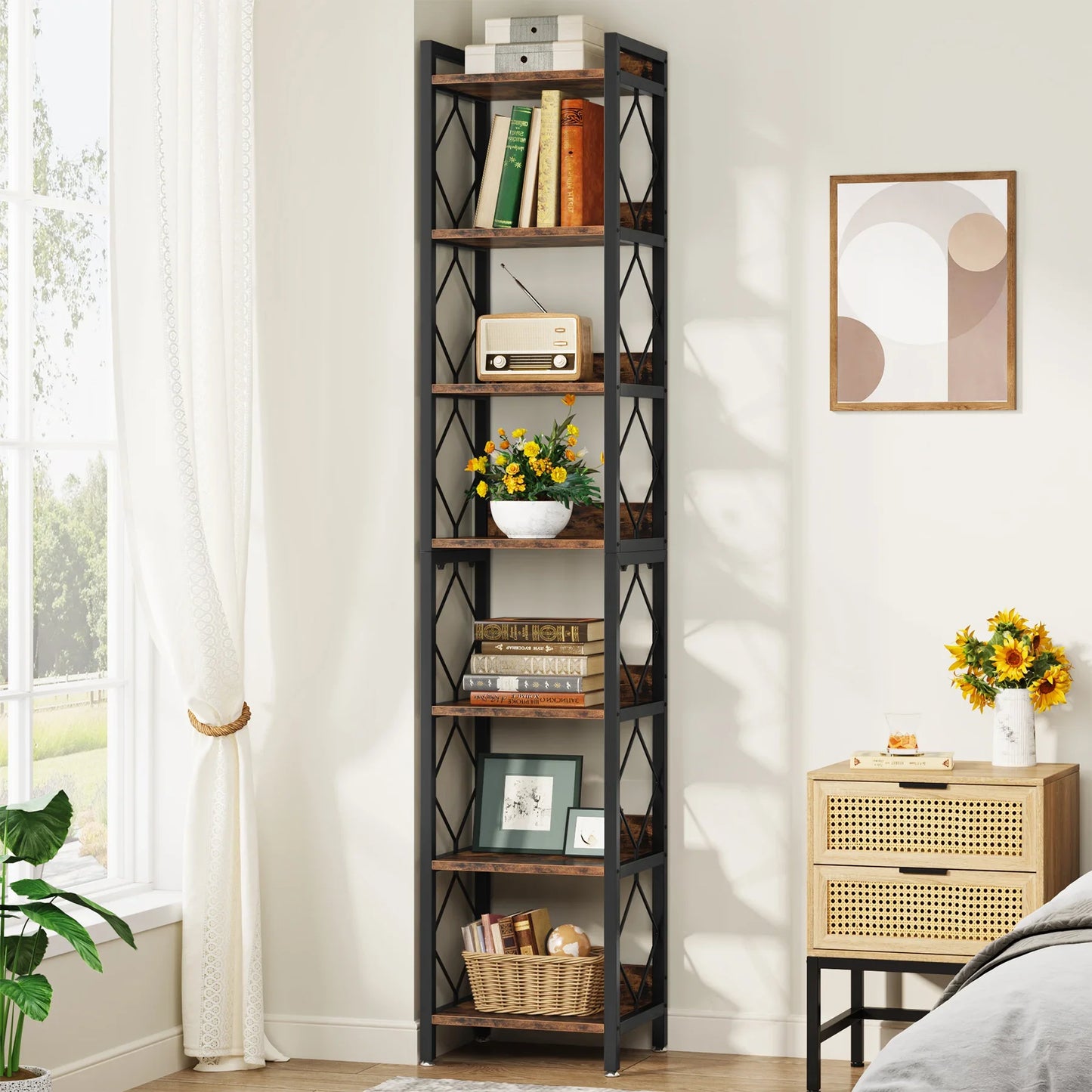 Tall Narrow 7 Tier Bookshelf Rustic Style Vertical Shelf