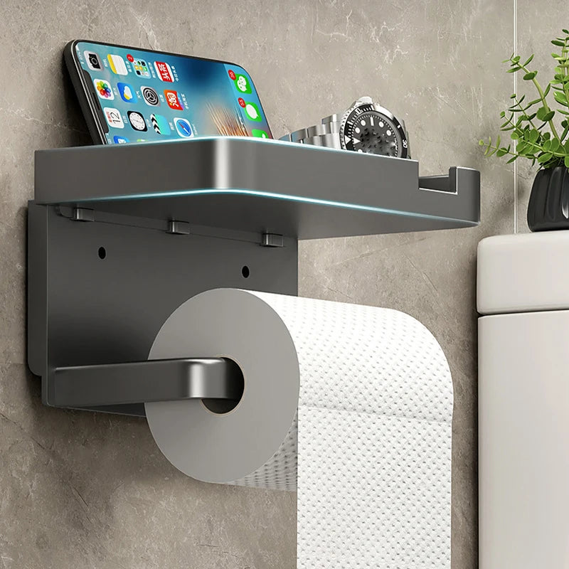 Wall-Mounted No-Drill Toilet Paper Holder with Shelf