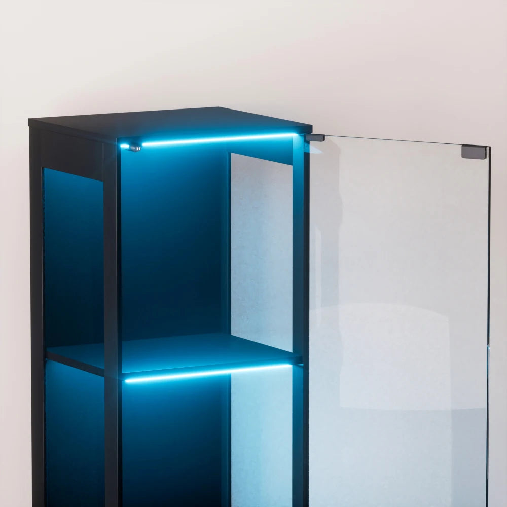 Modern Black 4-Tier Display Cabinet with LED Lighting, Glass Doors and Lockable Storage