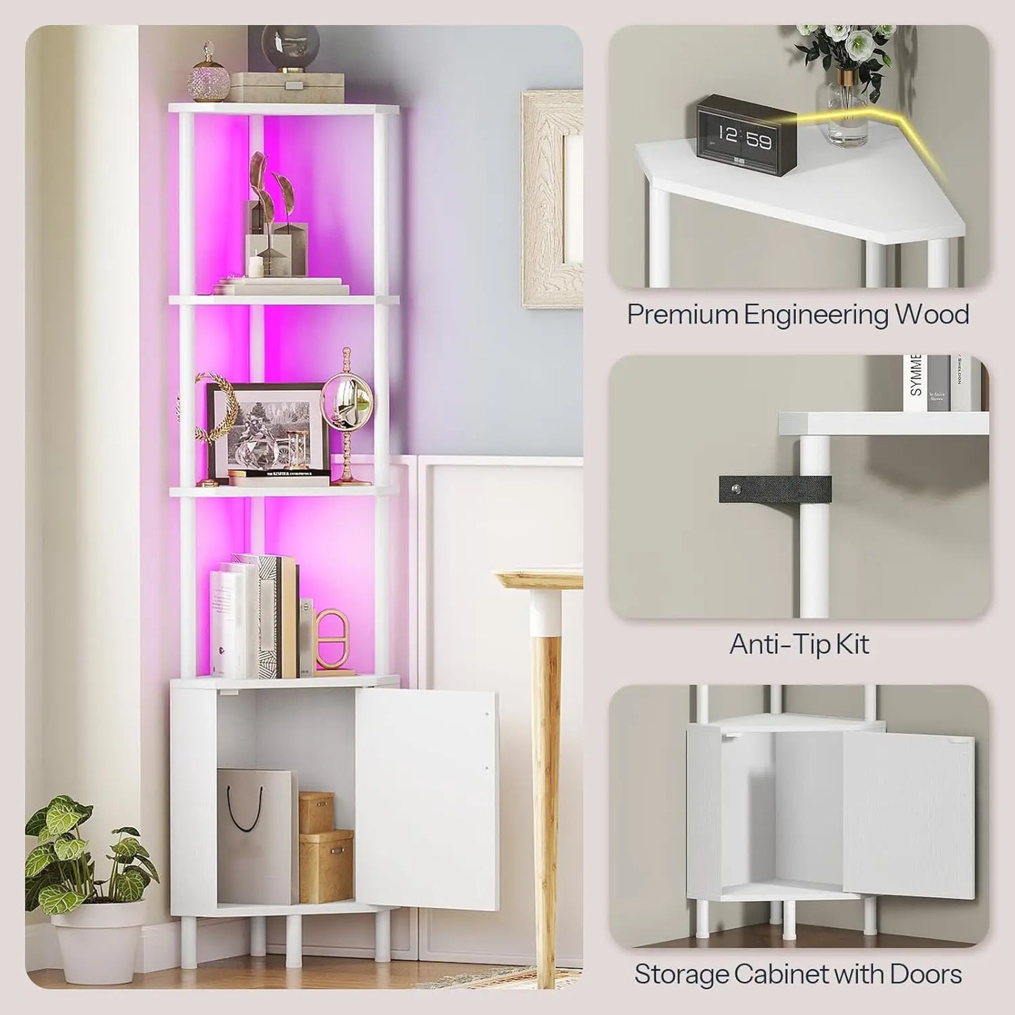 Premium Corner Cabinet with LED, Elegant 4-Tier Storage