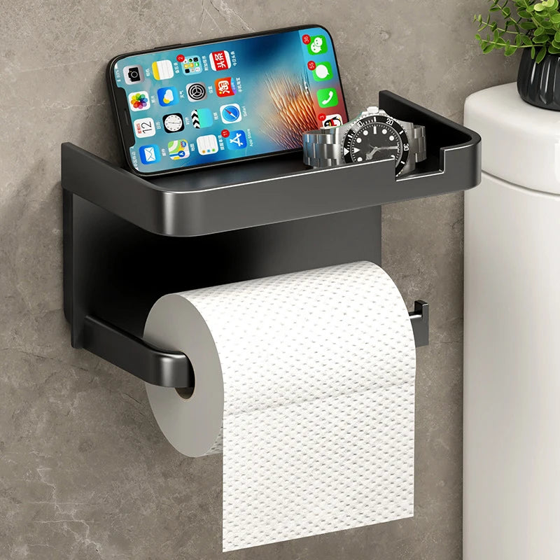 Wall-Mounted No-Drill Toilet Paper Holder with Shelf