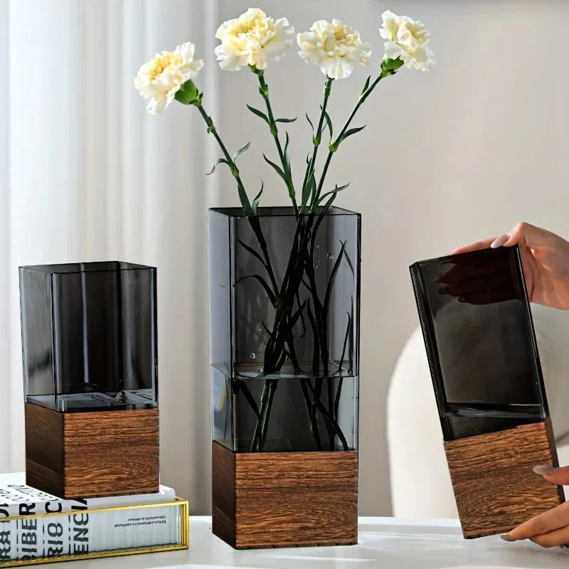 Rustic Wood and Glass Combined Luxury Vase with Wooden Base