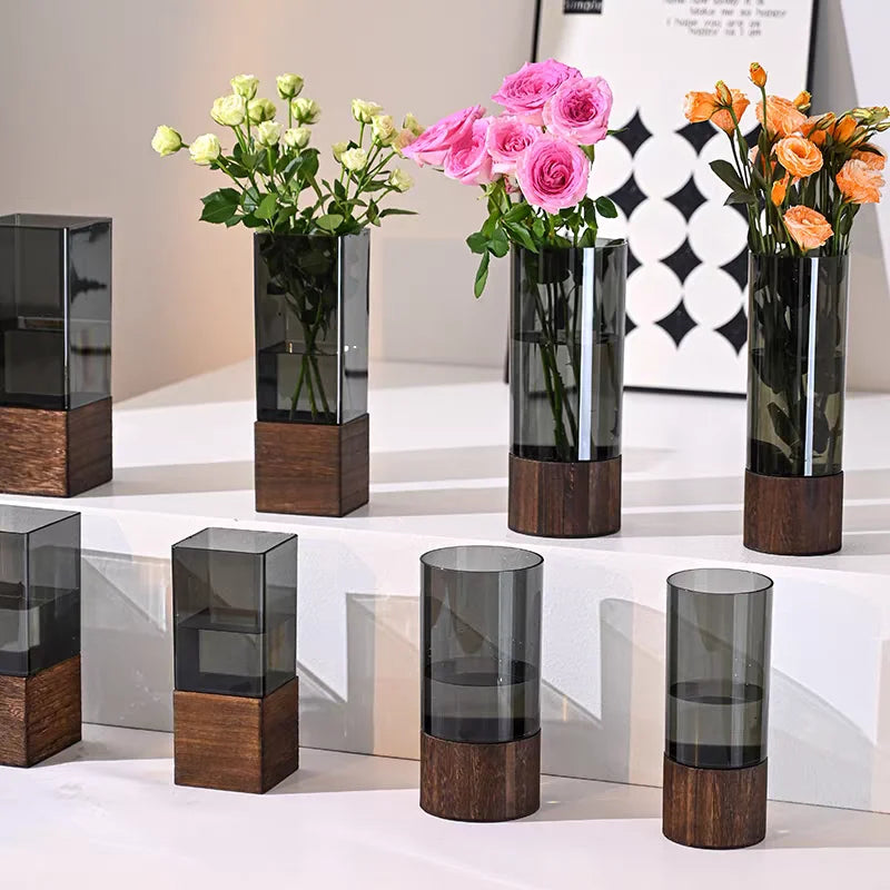 Rustic Wood and Glass Combined Luxury Vase with Wooden Base
