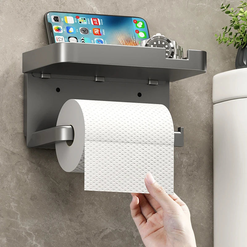 Wall-Mounted No-Drill Toilet Paper Holder with Shelf