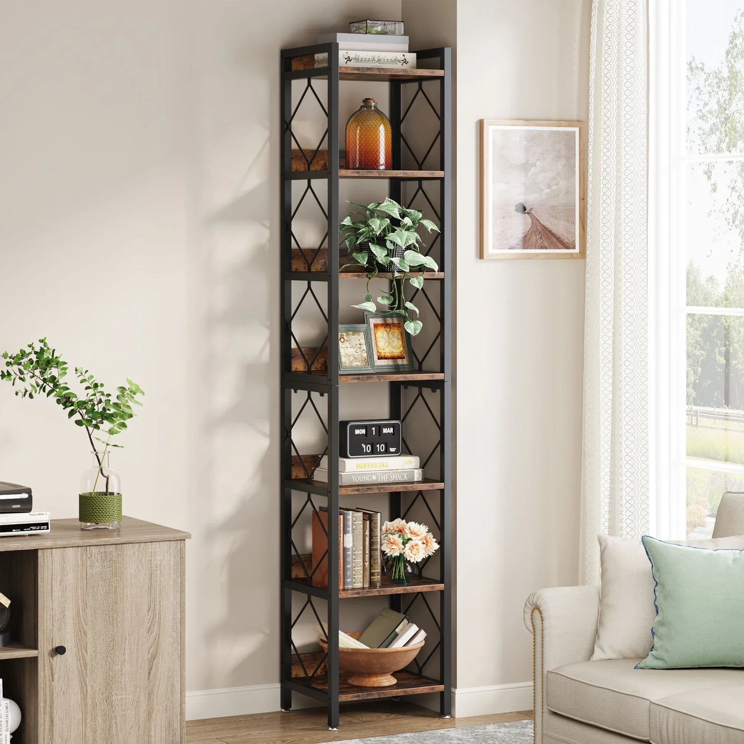 Tall Narrow 7 Tier Bookshelf Rustic Style Vertical Shelf