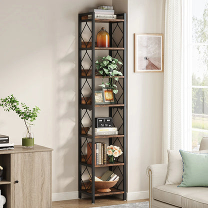 Tall Narrow 7 Tier Bookshelf Rustic Style Vertical Shelf