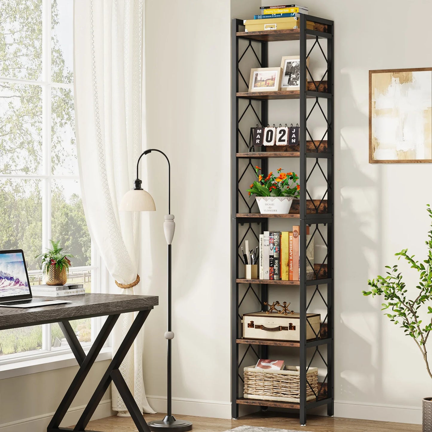 Tall Narrow 7 Tier Bookshelf Rustic Style Vertical Shelf