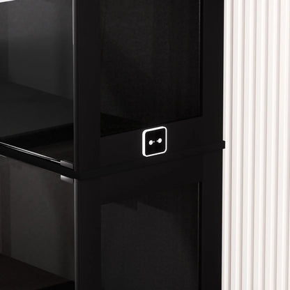 Modern Black 4-Tier Display Cabinet with LED Lighting, Glass Doors and Lockable Storage
