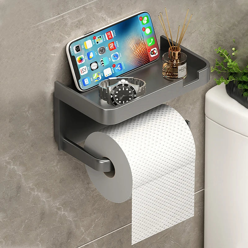 Wall-Mounted No-Drill Toilet Paper Holder with Shelf