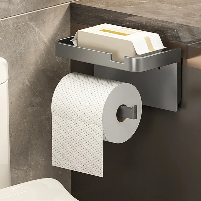 Wall-Mounted No-Drill Toilet Paper Holder with Shelf