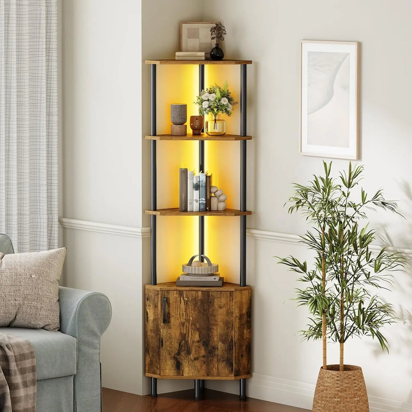 Premium Corner Cabinet with LED, Elegant 4-Tier Storage