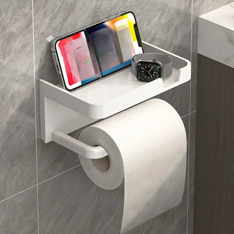 Wall-Mounted No-Drill Toilet Paper Holder with Shelf