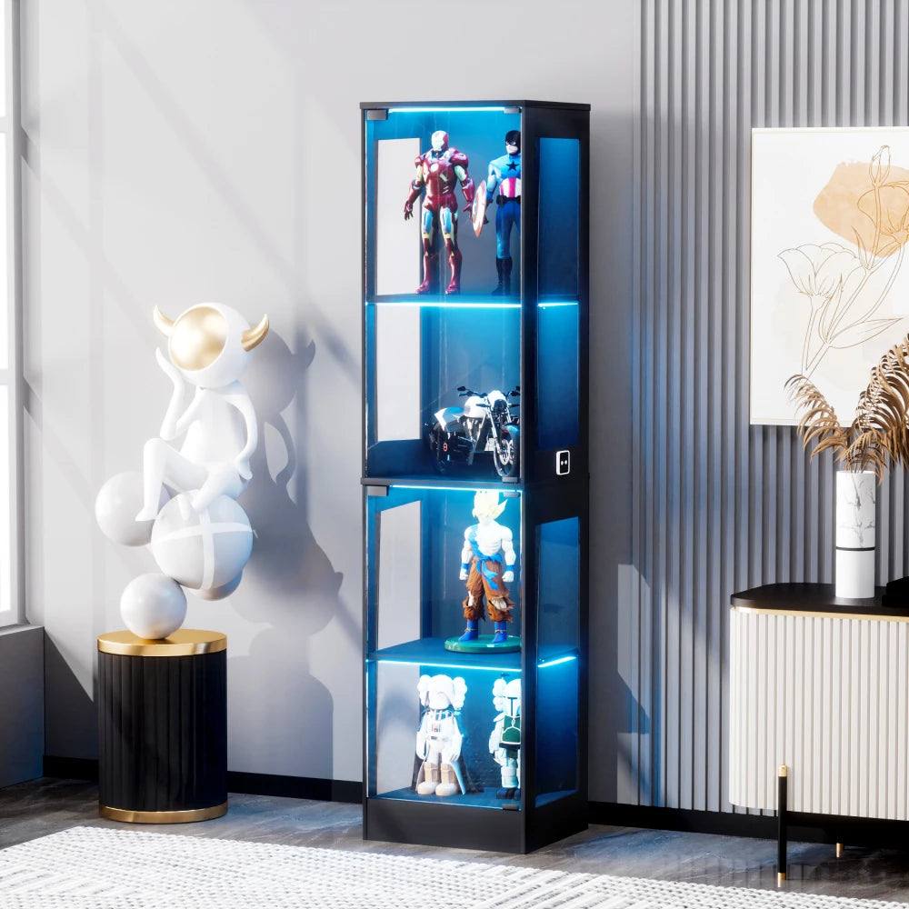 Modern Black 4-Tier Display Cabinet with LED Lighting, Glass Doors and Lockable Storage