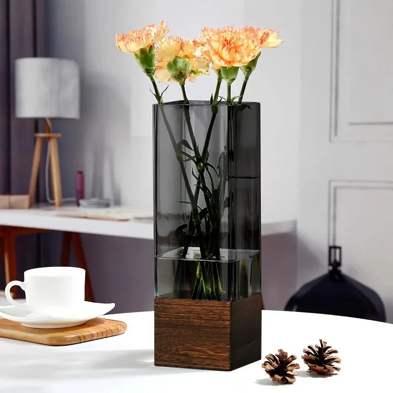 Rustic Wood and Glass Combined Luxury Vase with Wooden Base