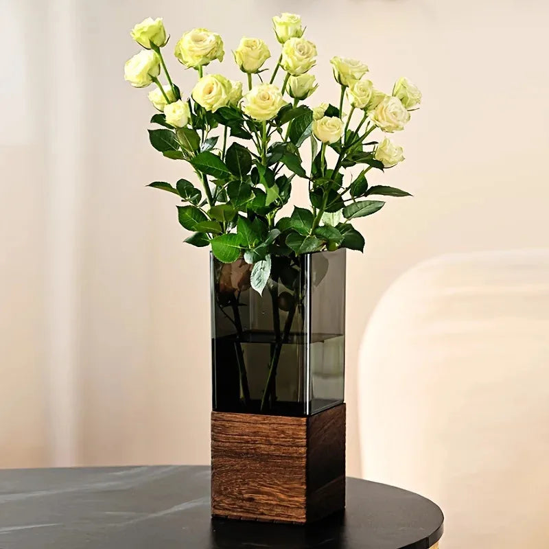 Rustic Wood and Glass Combined Luxury Vase with Wooden Base