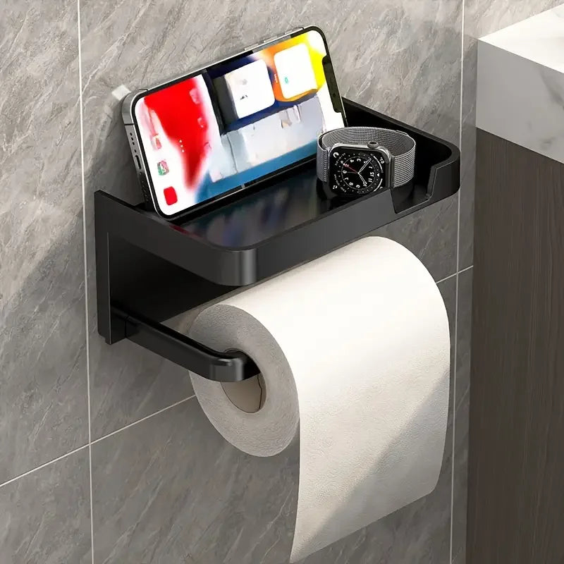 Wall-Mounted No-Drill Toilet Paper Holder with Shelf