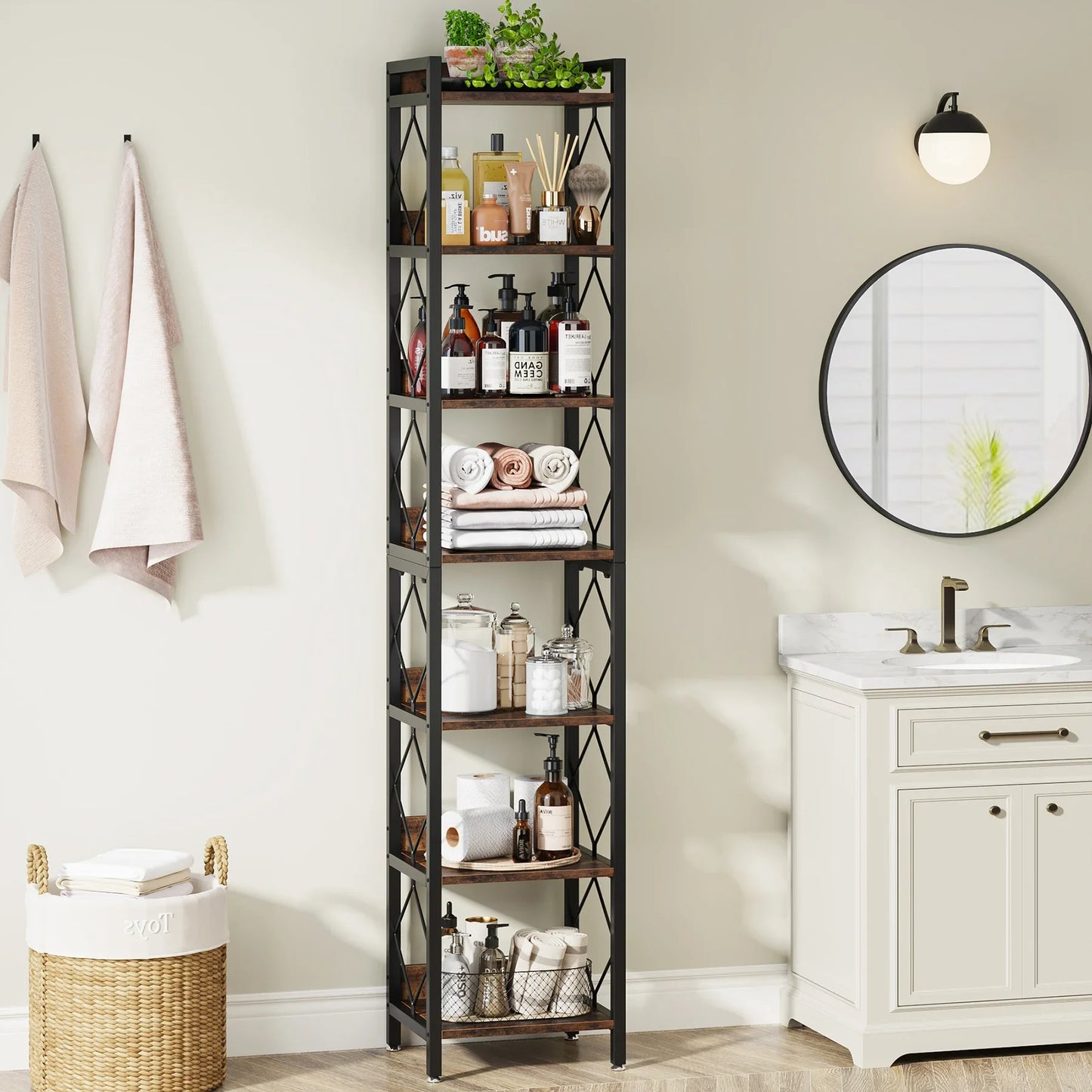 Tall Narrow 7 Tier Bookshelf Rustic Style Vertical Shelf
