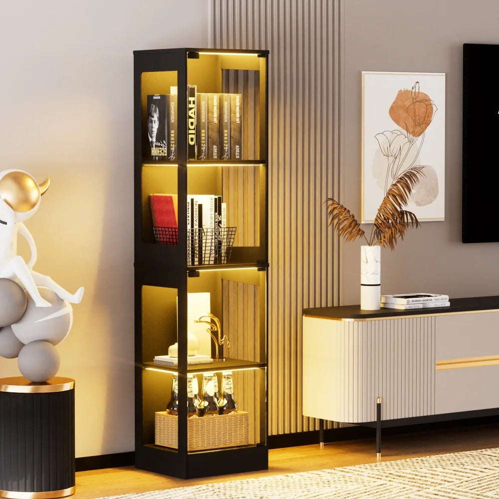 Modern Black 4-Tier Display Cabinet with LED Lighting, Glass Doors and Lockable Storage