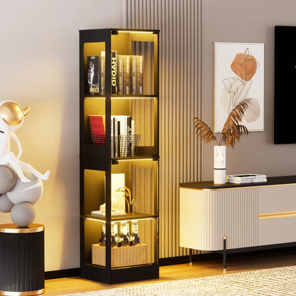 Modern Black 4-Tier Display Cabinet with LED Lighting, Glass Doors and Lockable Storage