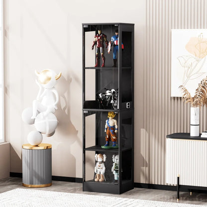 Modern Black 4-Tier Display Cabinet with LED Lighting, Glass Doors and Lockable Storage