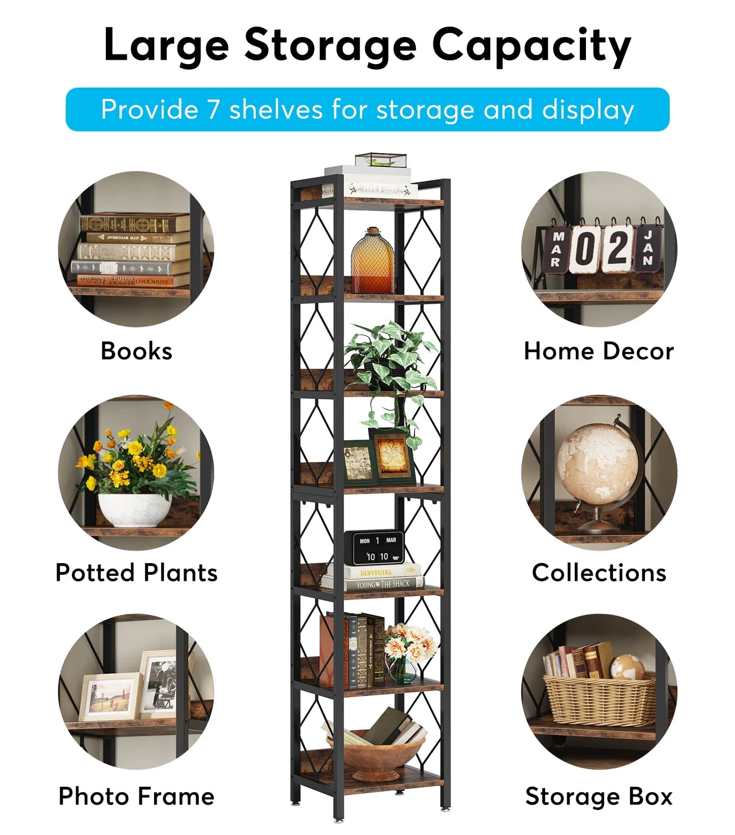 Tall Narrow 7 Tier Bookshelf Rustic Style Vertical Shelf