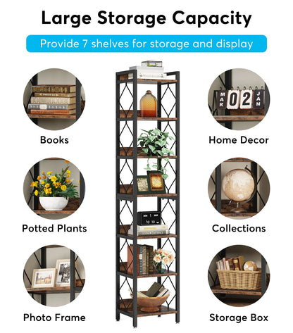 Tall Narrow 7 Tier Bookshelf Rustic Style Vertical Shelf