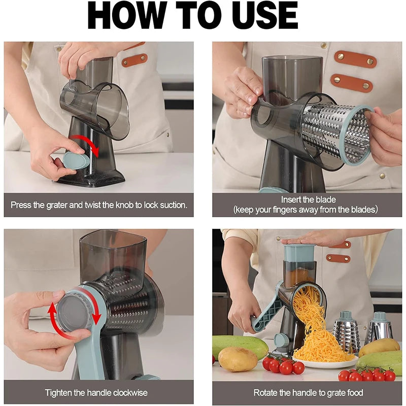 3 in 1 Rotary Cheese Grater Manual Vegetable Slicer and Food Shredder for Cheese, Vegetables and Nuts