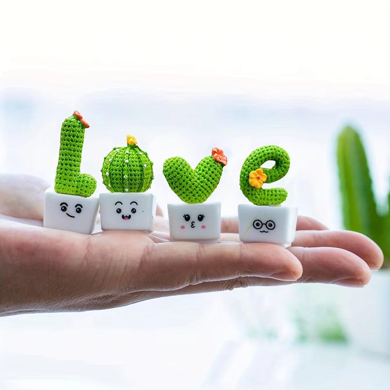 Set of 4 Mini Resin Succulent Cactus Plants for Home, Office, and Craft Decor