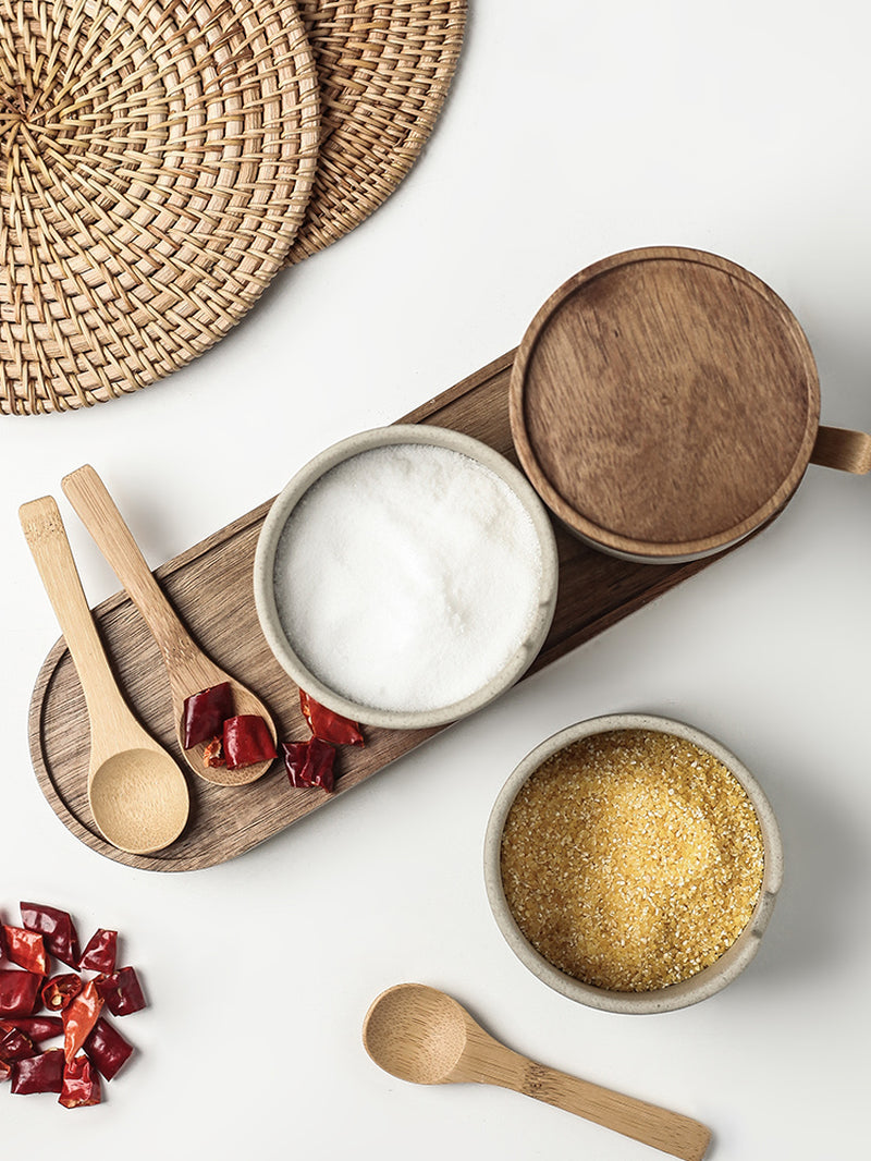3 Piece Ceramic Seasoning Pot Set with Acacia Wood Tray and Lids for Kitchen Spice Storage